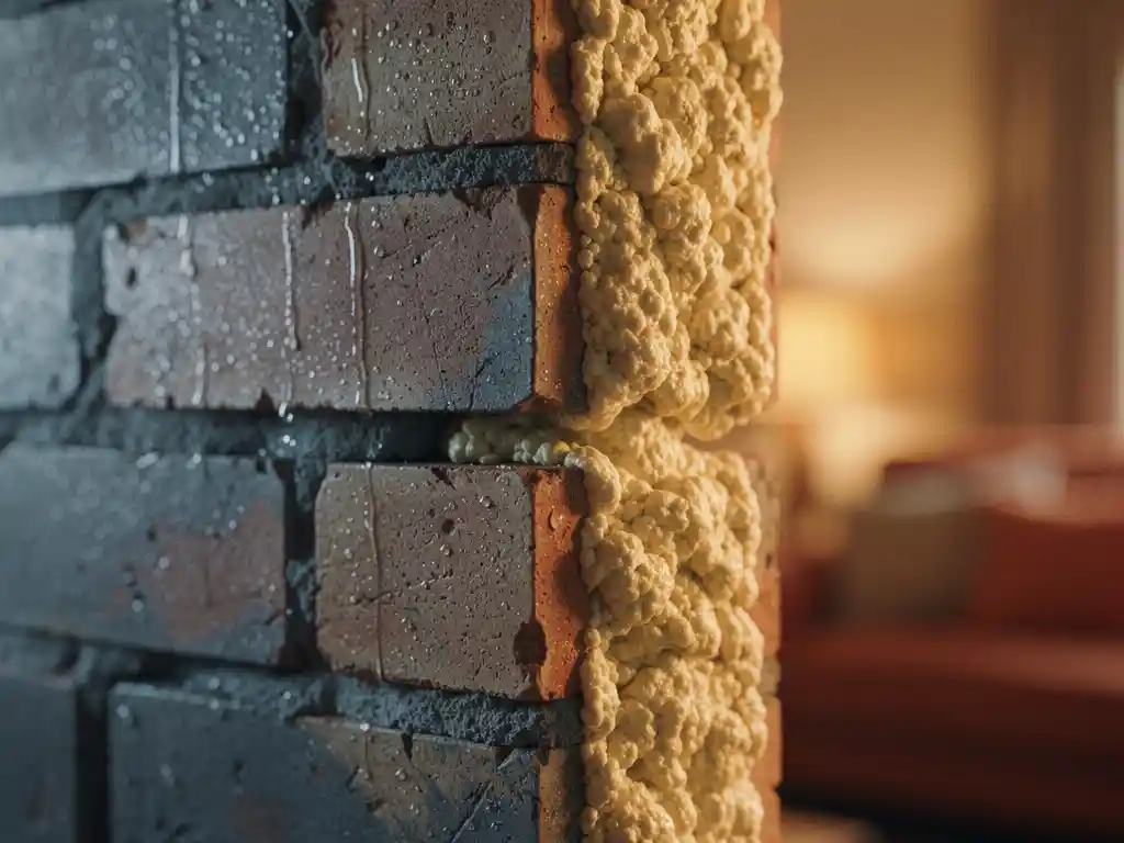 Doorsnede van een spouwmuur met isolatiemateriaal tussen twee bakstenen lagen, koude buitenzijde met condensatie en warme binnenruimte op de achtergrond.