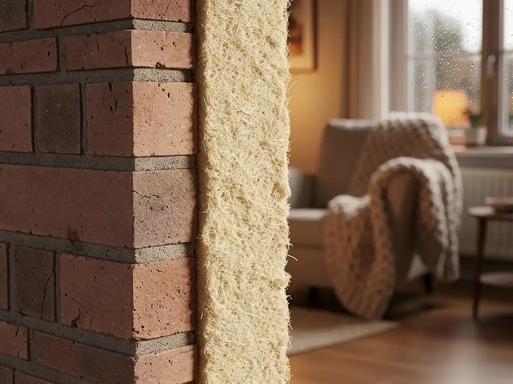 Doorsnede van een Nederlandse spouwmuur met dikke isolatie tussen twee baksteenlagen, warme woonkamer op de achtergrond.