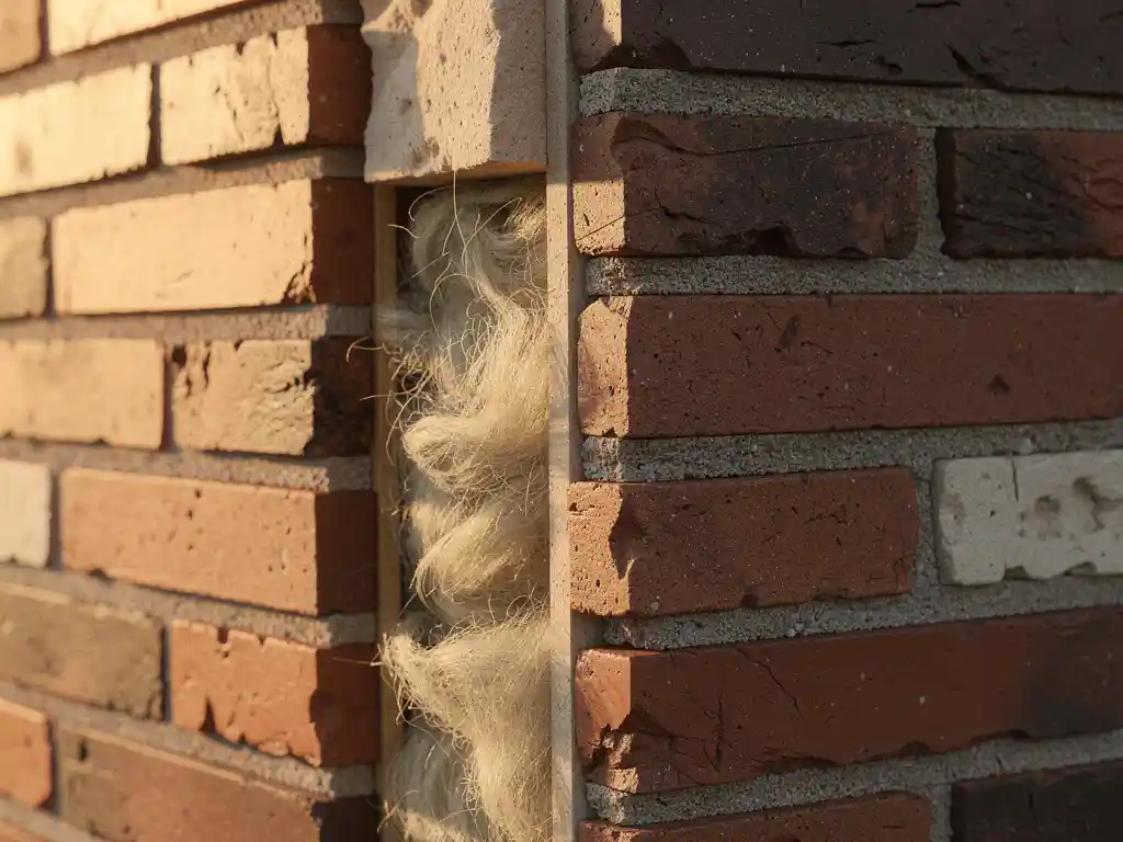 Doorgesneden spouwmuur van Nederlandse woning met zichtbare isolatiewol in de spouw, verweerd rood-oranje metselwerk op de voorgrond.