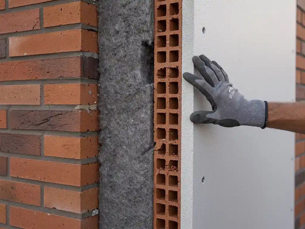 Doorsnede van een Nederlandse spouwmuur met zichtbare spouwisolatie en buitengevelisolatieplaat, aangeraakt door een gehandschoende hand.