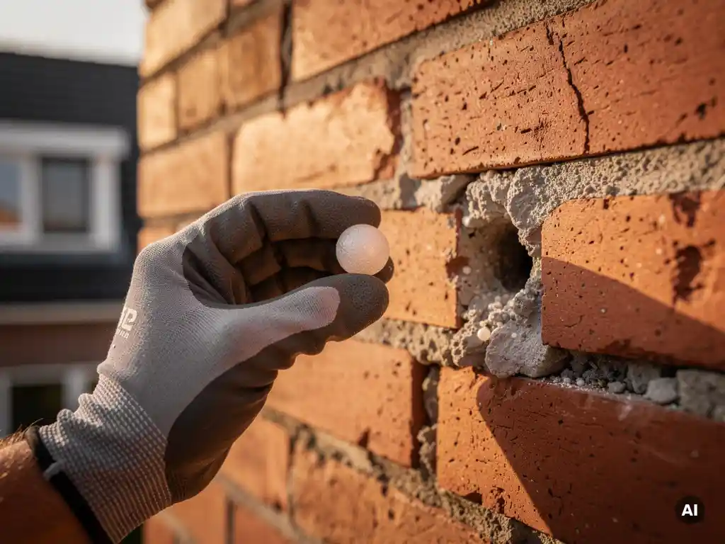 Gehandschoende hand houdt een EPS-parel bij een spouwmuur van rood baksteen met boorgat, Nederlandse woning op de achtergrond.