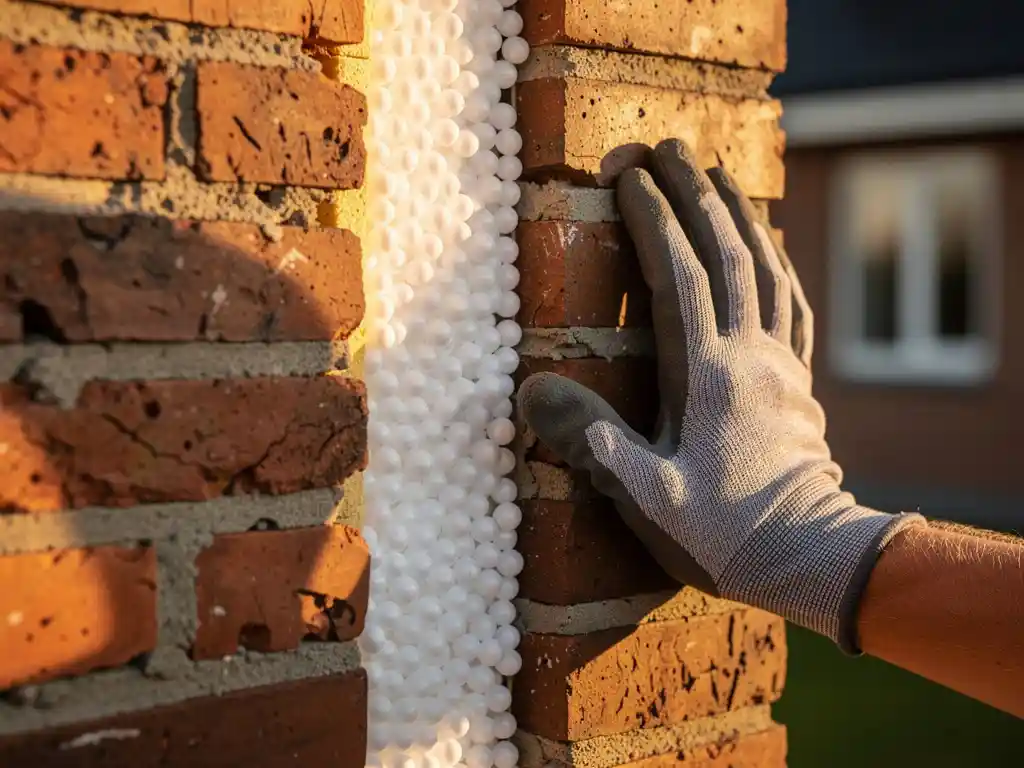 Gehandschoende hand die witte EPS-parels in een spouwmuur van terracotta baksteen drukt tijdens isolatiewerkzaamheden.