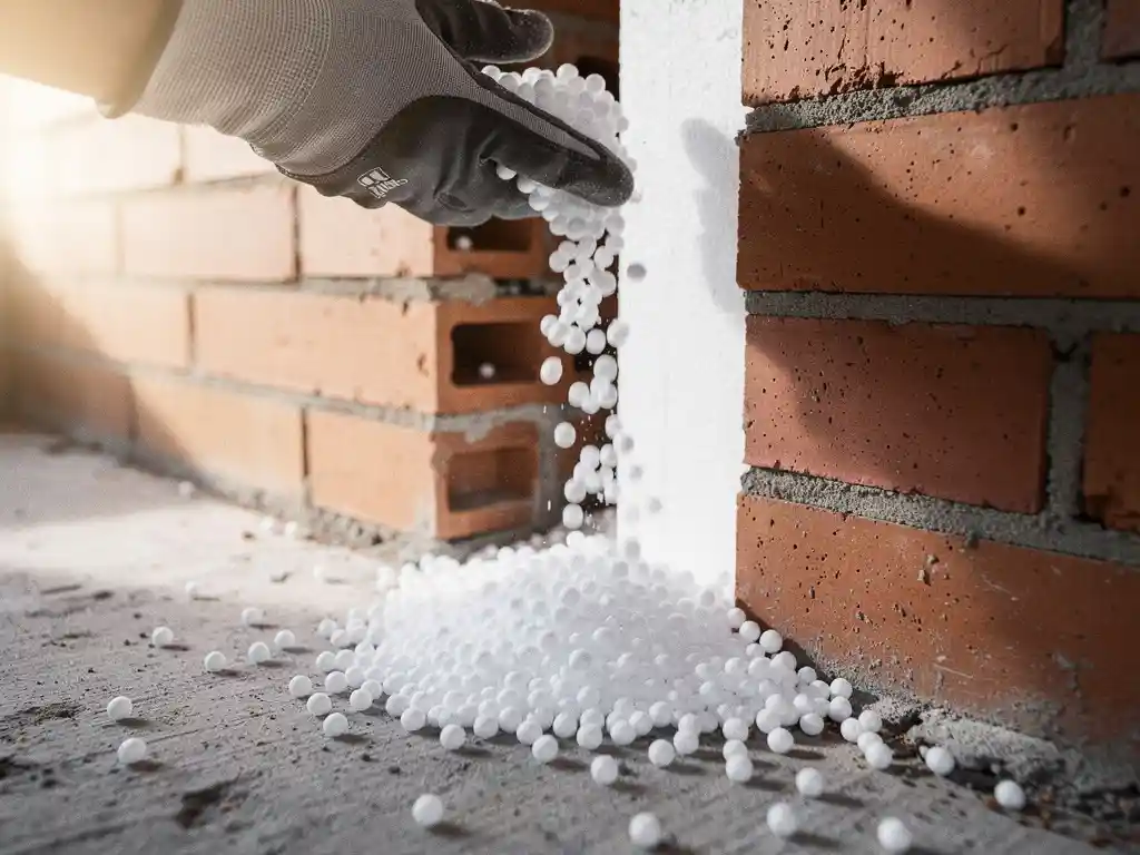 Gehandschoende hand die witte EPS-parels in een spouwmuur stort, losse korrels op betonvloer, spouwmuurisolatie.