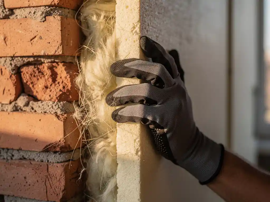 Gehandschoende hand die een plaat isolatieschuim in een smalle spouwmuur drukt, met zichtbare baksteenlagen en mineraalwolvezels.