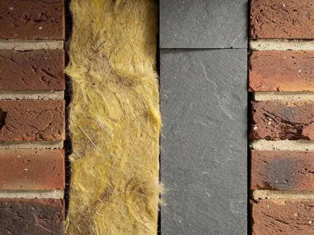 Doorsnede van een Nederlandse spouwmuur met glaswol en steenwol isolatie tussen rode baksteenlagen.