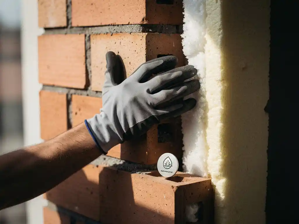 Gehandschoende hand die isolatiemateriaal in een spouwmuur drukt, met zichtbare lagen baksteen, luchtspouw en schuimisolatie.