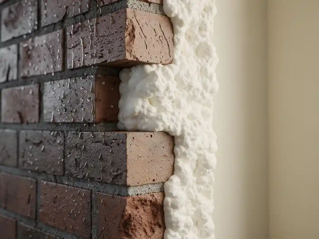 Doorsnede van een Nederlandse spouwmuur met geïnjecteerd isolatieschuim, regendruppels op het natte buitenmetselwerk en een droog warm interieur.