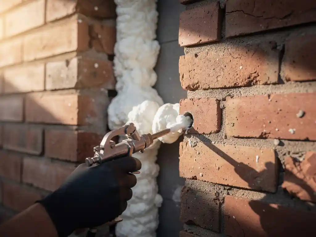 Spouwmuurisolatie inspuiten via boorgat in rode bakstenen gevel van jaren 70 woning, handschoen met injectiespuit.
