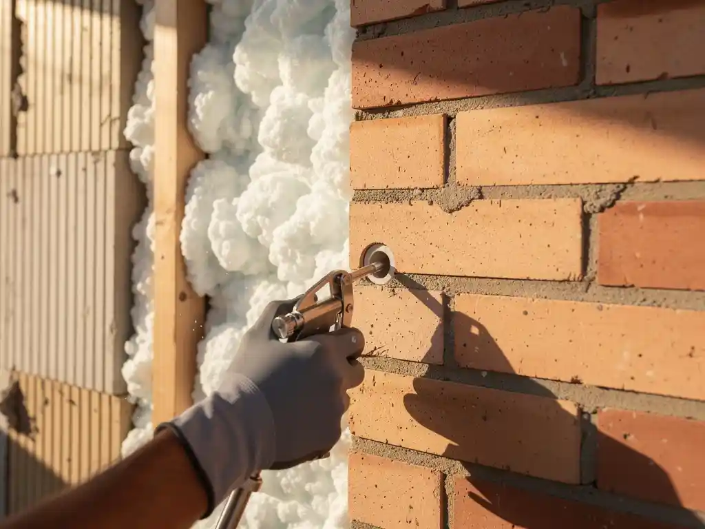 Spouwmuurisolatie injectie in Nederlandse rijtjeswoning, handschoen met injectiespuit tegen terracotta baksteen, witte schuim vult de spouw.