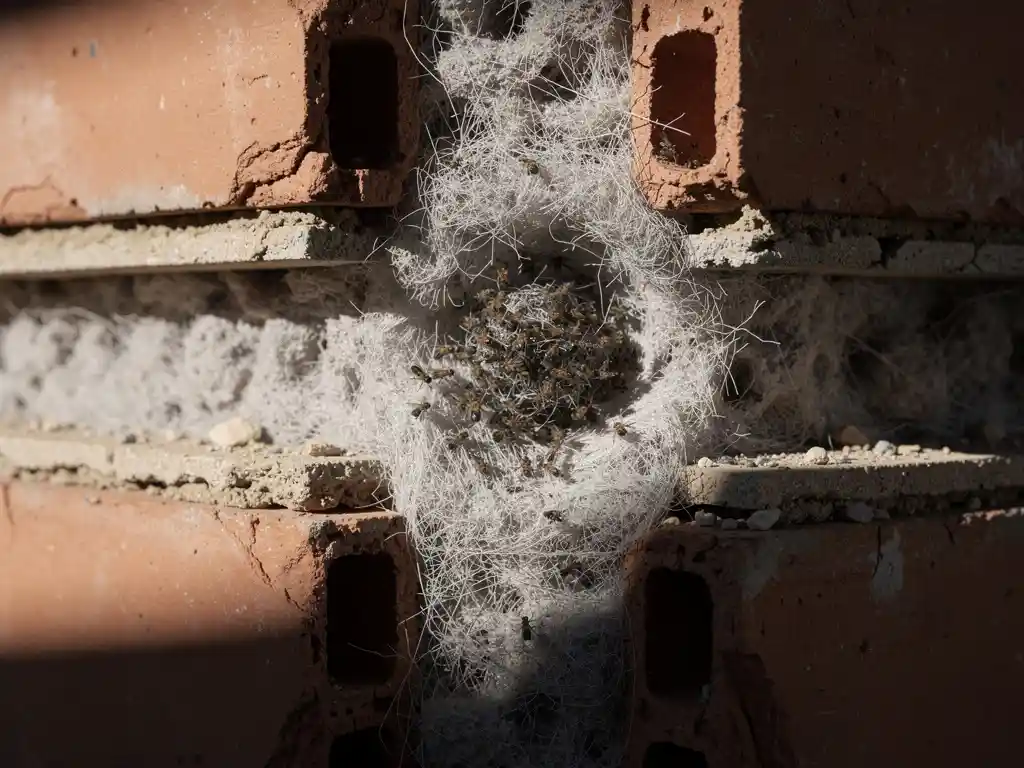 Doorsnede van spouwmuur met grijze isolatie waarin kleine insecten door het vezelige materiaal boren, omgeven door verweerde bakstenen.