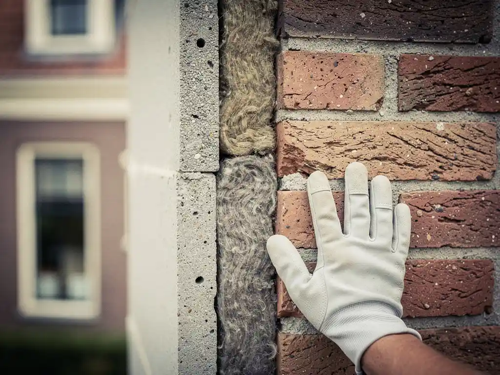 Specialist met handschoen inspecteert spouwmuur doorsnede met isolatiemateriaal in Nederlandse woning.