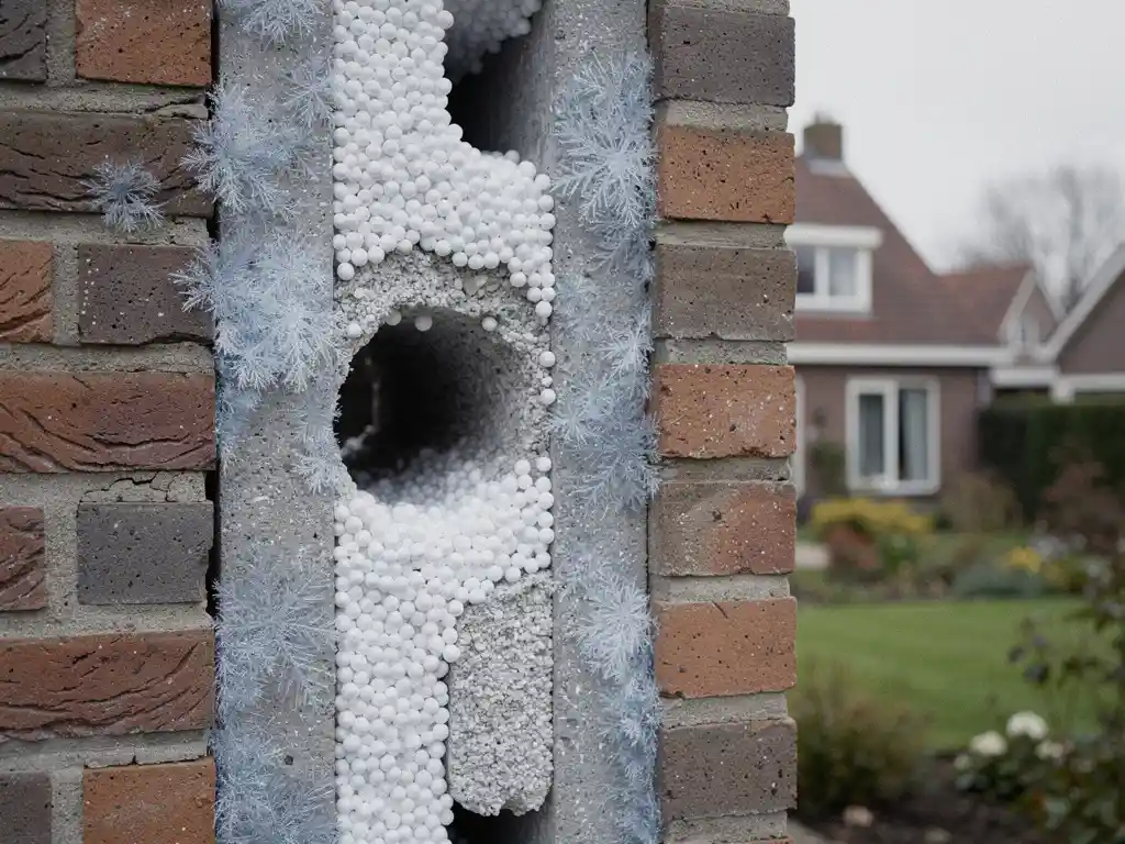 Dwarsdoorsnede van een spouwmuur met ongelijkmatig gevulde isolatiekorrels, zichtbare luchtholtes en vorstinfiltratie in Nederlandse woning.