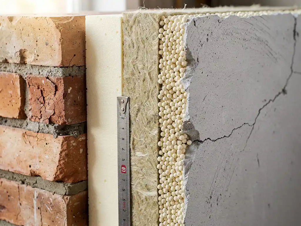 Dwarsdoorsnede van een spouwmuur met lagen isolatiemateriaal — rigide schuimplaat, minerale wol en losse vulkorrels — tussen baksteen en pleisterwerk.