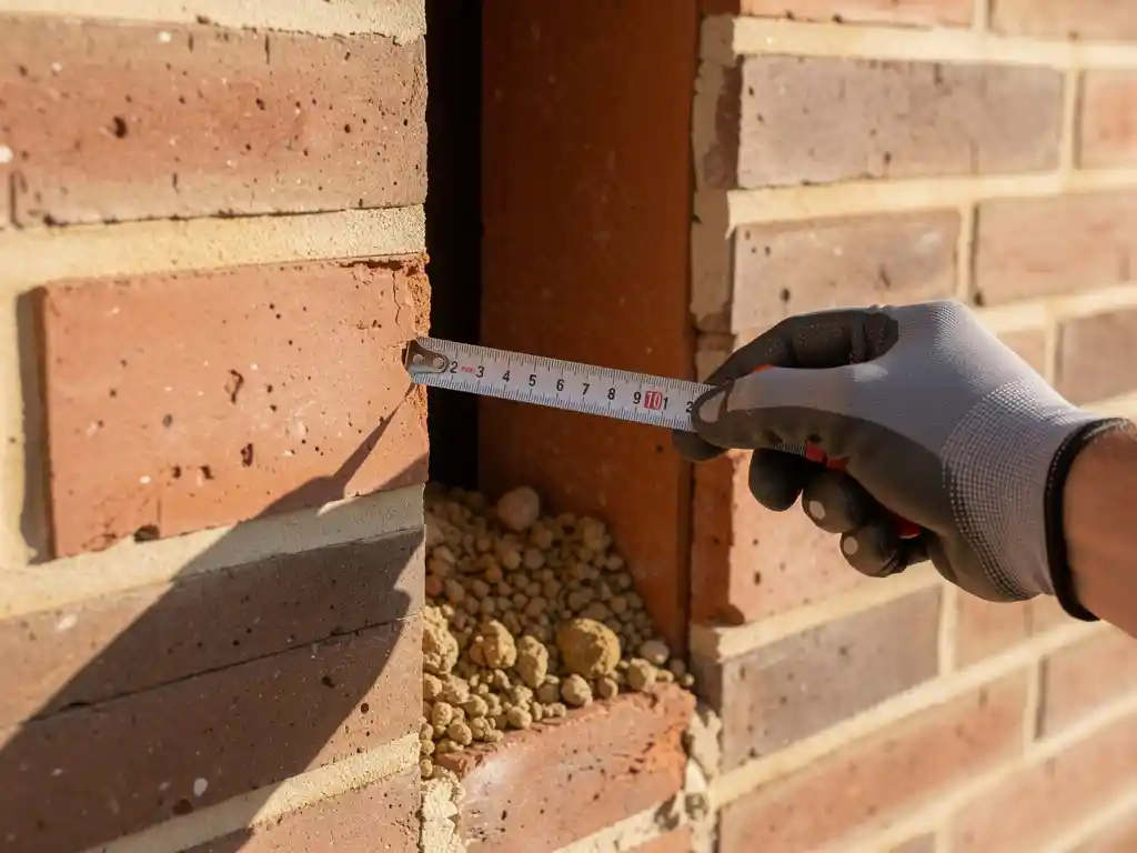 Doorsnede van een spouwmuur met gehandschoende hand die meetlint in de smalle luchtspouw houdt, losse isolatiegranules zichtbaar onderaan.