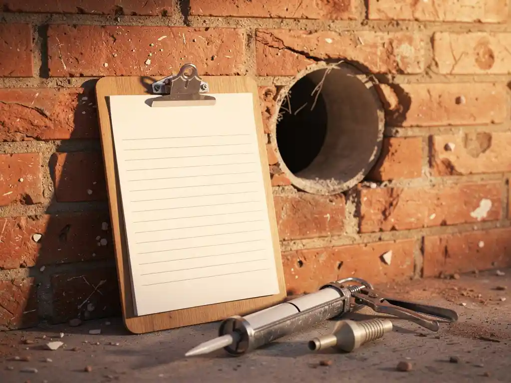 Offertedocument op houten klembord tegen bakstenen spouwmuur met kitpistool en isolatiegereedschap op de voorgrond.