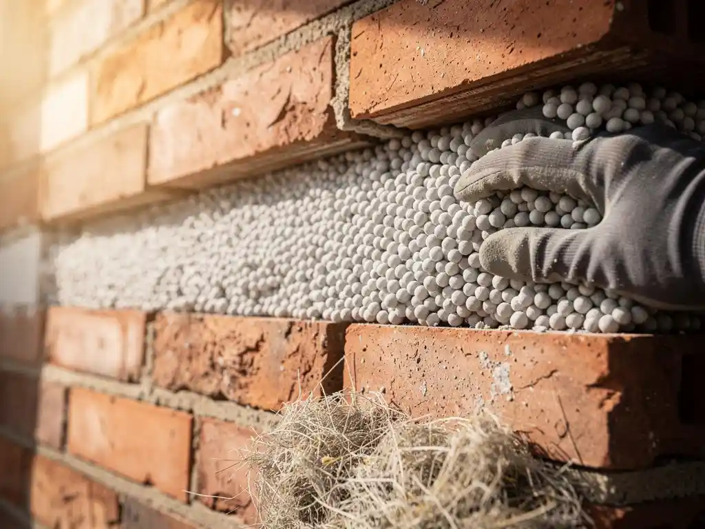 Gehandschoende hand die grijze isolatieparels aanraakt in een doorgesneden spouwmuur van rode baksteen met mineraalwolvezels op de voorgrond.