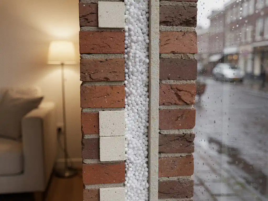 Doorsnede van een Nederlandse spouwmuur gevuld met witte isolatieparels, met warme woonkamer en regenbeslagen raam op de achtergrond.