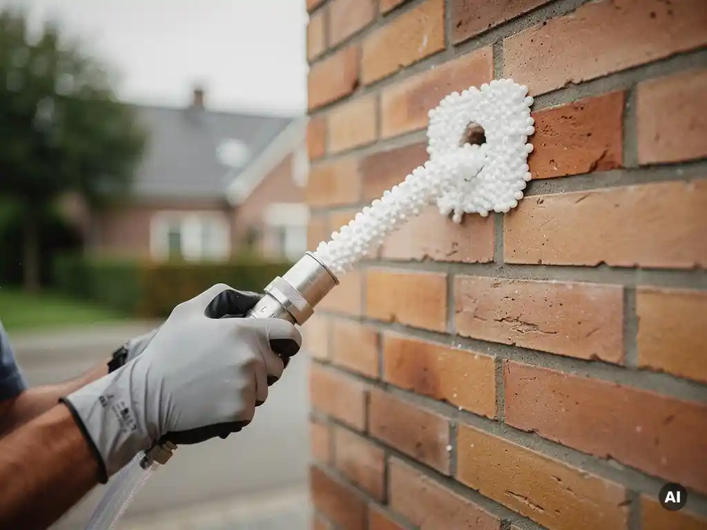 Technicus injecteert witte isolatieparels via boorgatje in spouwmuur van klassieke Nederlandse bakstenen gevel.