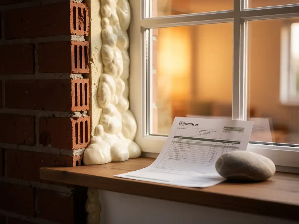 Spouwmuurisolatie wordt ingespoten in een Nederlandse bakstenen muur, met een energierekening op de vensterbank en warme gloed binnenin.