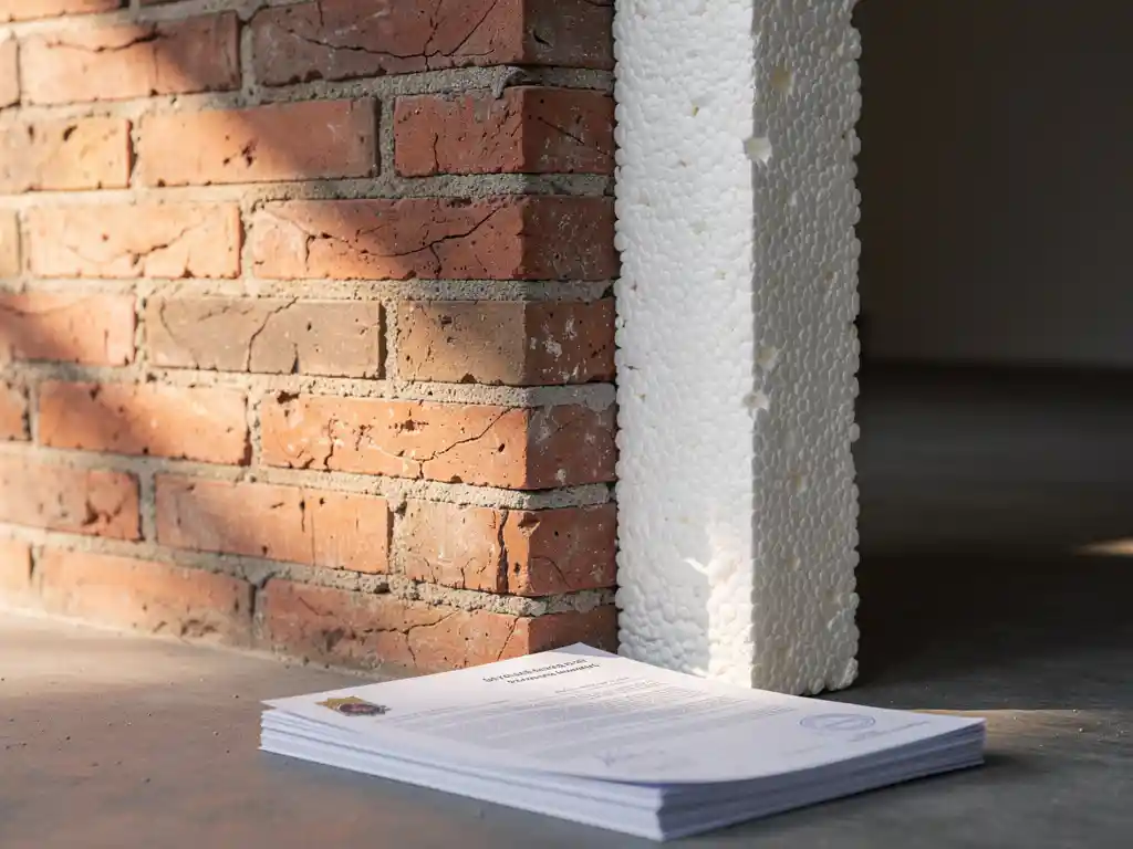 Doorsnede van een Nederlandse spouwmuur met witte isolatieschuim tussen de baksteenlagen en een gemeentelijk goedkeuringsdocument aan de voet.