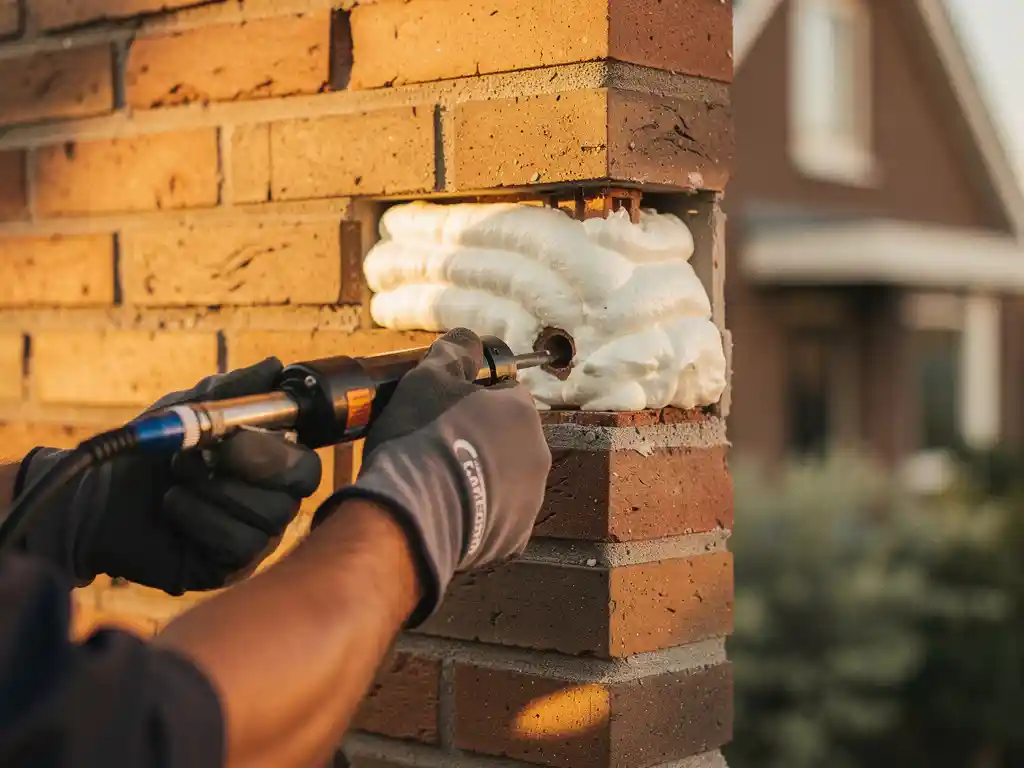 Vakman injecteert isolatieschuim in spouwmuur van Nederlandse bakstenen woning via geboord gat.