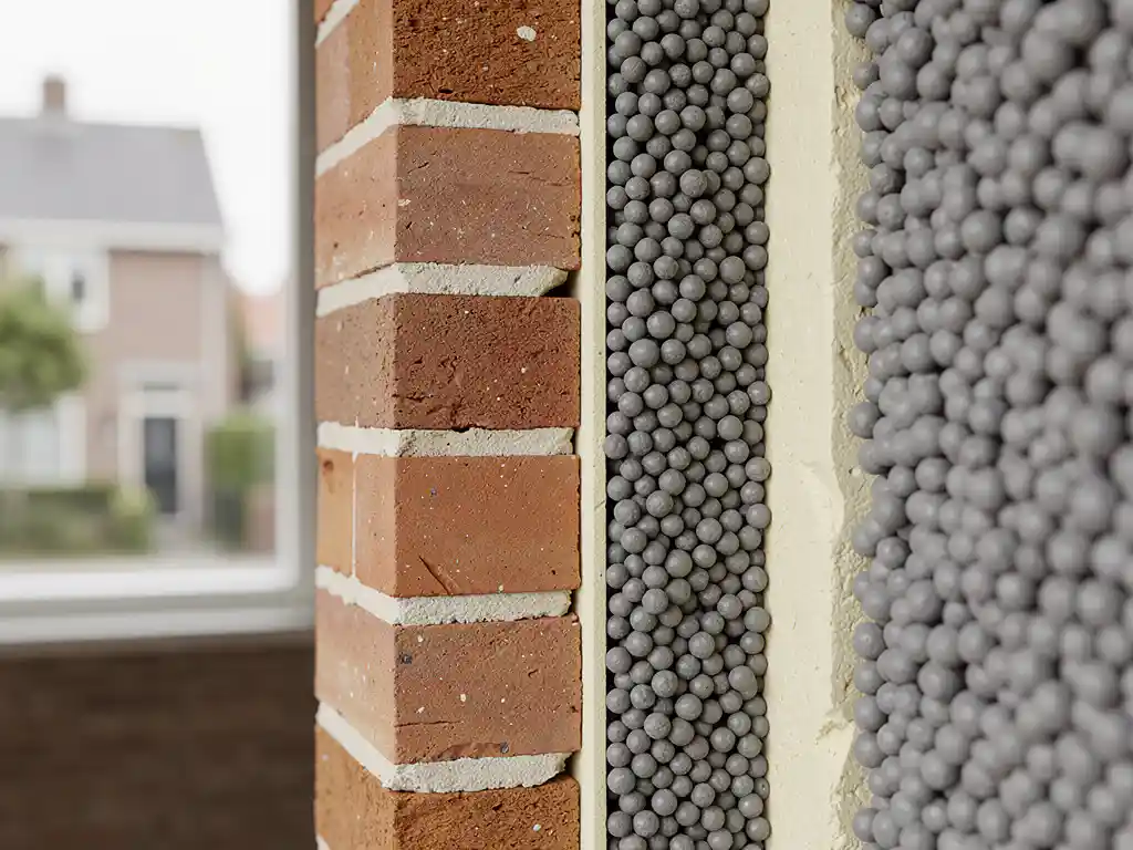 Doorsnede van een spouwmuur met grijze schuimkorrels als isolatiemateriaal tussen twee lagen terracotta baksteen.