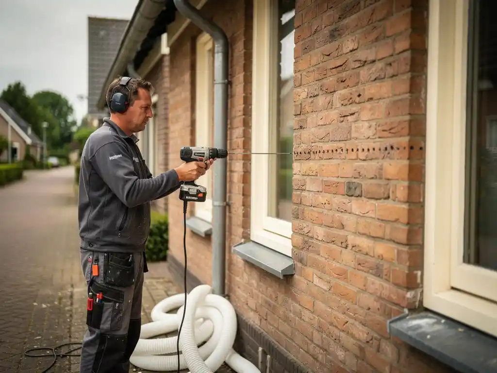 Isolatiespecialist boort inspuitgaten in spouwmuur van Nederlandse bakstenen gevel voor cavity wall insulation.