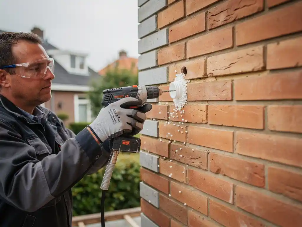 Gecertificeerde isolatietechnicus die spouwmuurisolatie inblaast via een geboord gat in een terracotta bakstenen gevel, witte isolatiekorrels zichtbaar.