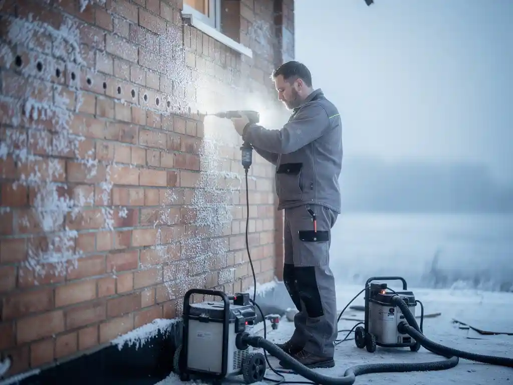 Technicus boort gaten in berijpte bakstenen buitenmuur voor spouwmuurisolatie op koude winterochtend.