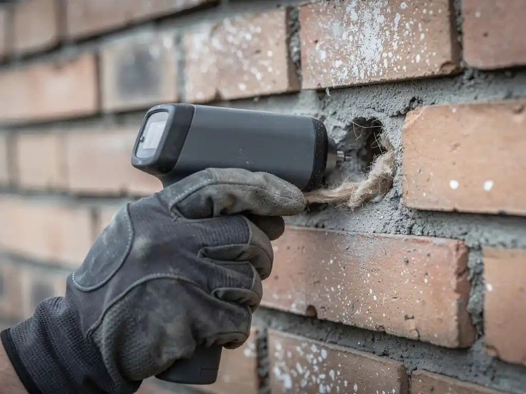 Gehandschoende hand die een thermisch inspectieapparaat tegen een verweerde spouwmuur drukt, met zichtbaar boorgat in de voeg en isolatiemateriaal.