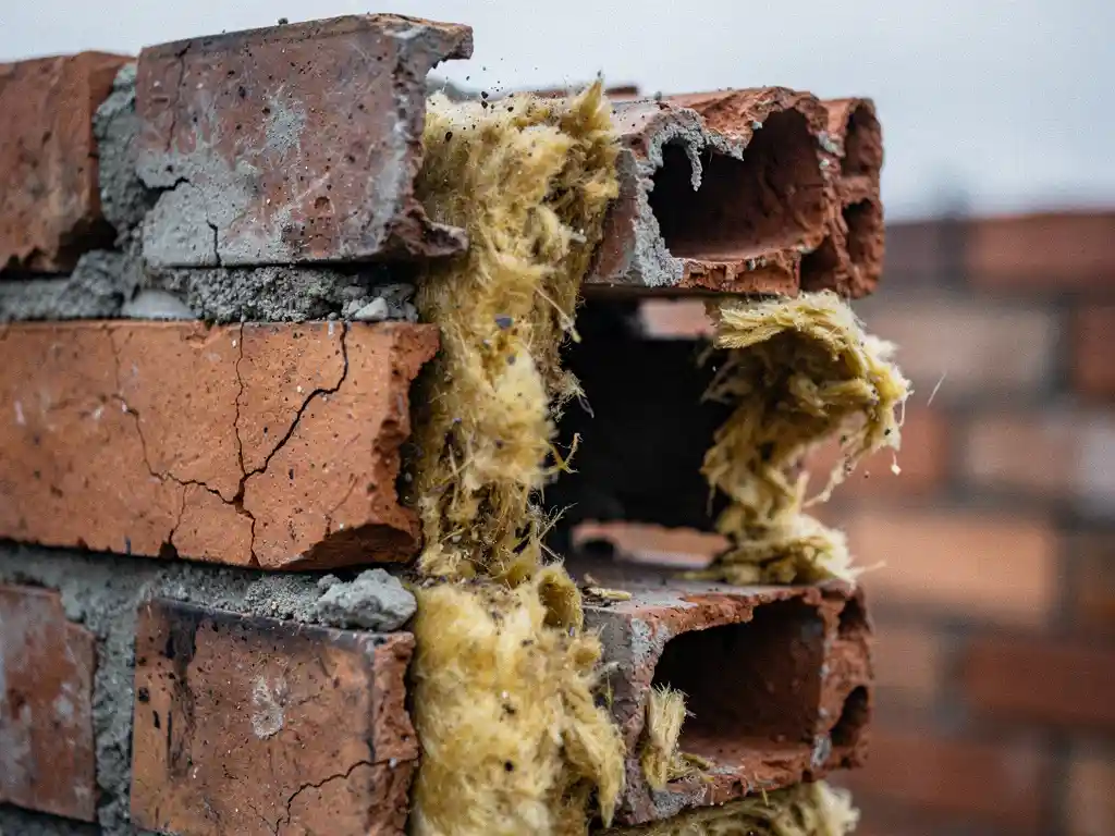 Doorsnede van een spouwmuur met verouderd, verkruimelend isolatiemateriaal tussen twee lagen verweerde rode baksteen.