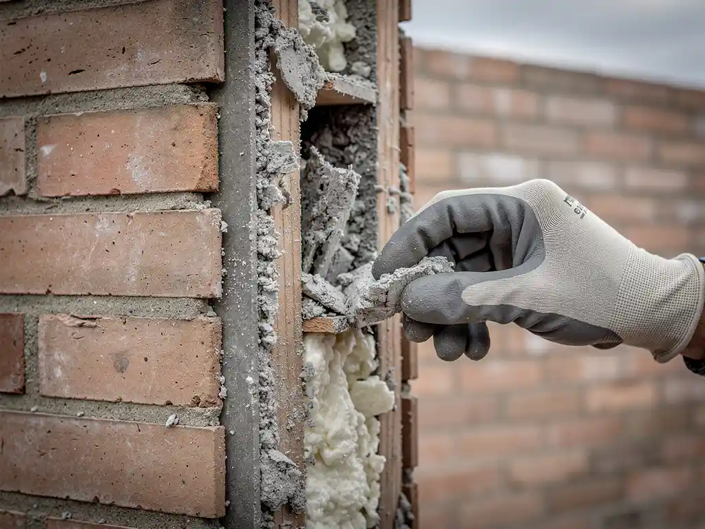 Specialist onderzoekt verouderd en verkruimelend isolatiemateriaal in een opengelegd spouwmuurholte van een Nederlandse bakstenen woning.