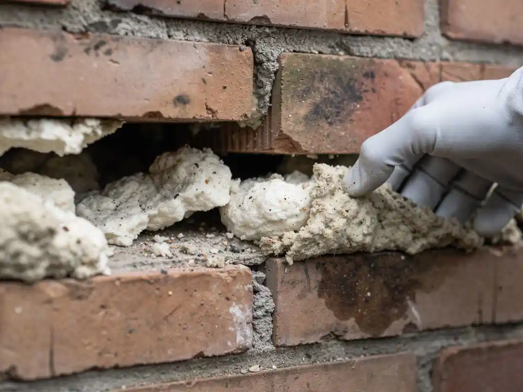 Gehandschoende hand die verouderde, kruimelende isolatie in een Nederlandse spouwmuur onderzoekt, met zichtbare vochtschade tussen twee baksteenlagen.