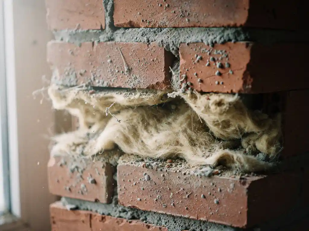 Doorsnede van een spouwmuur met gezakte isolatie en een ongevulde ruimte bovenaan, zichtbaar tussen terracottarode bakstenen.