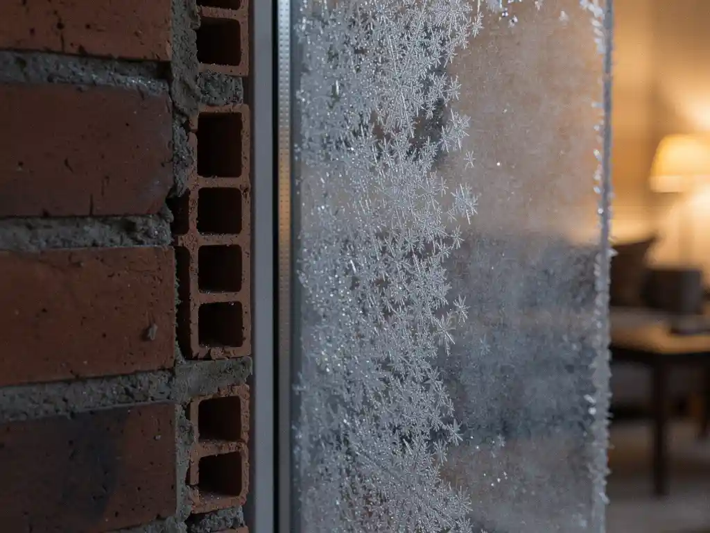 Berijpt raam met condensatie en doorsnede van een Nederlandse spouwmuur, warm amberkleurig interieur contrasteert met de ijskoude buitenlucht.