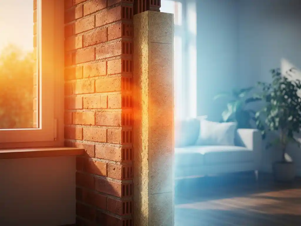 Doorsnede van een Nederlandse spouwmuur in woonkamer, met warmte-isolatie die zomerhitte buiten houdt en koele binnenlucht behoudt.