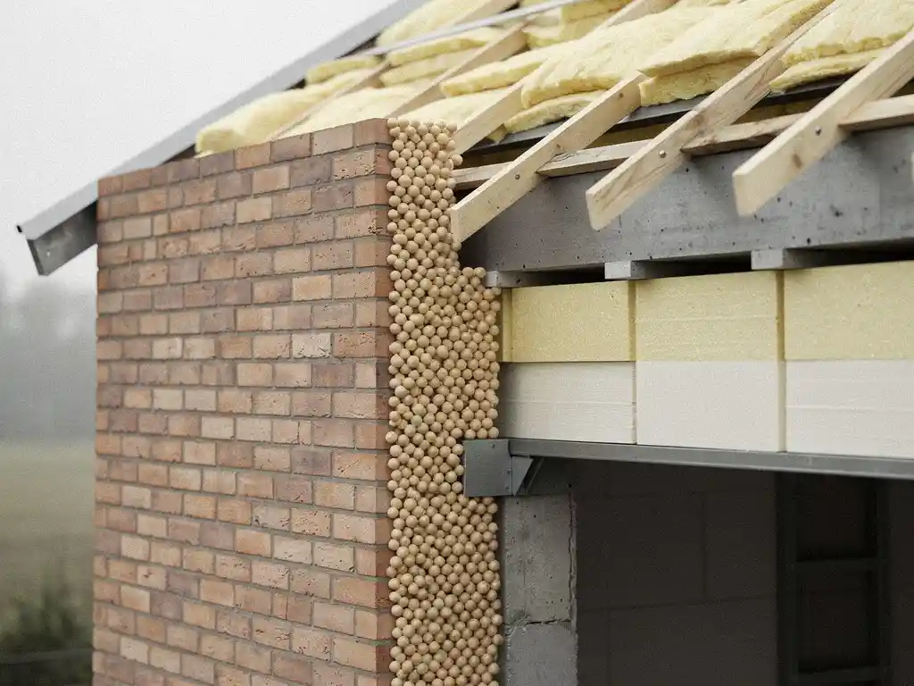 Doorsnede van Nederlandse woning met spouwmuurisolatie, dakisolatie en vloerisolatie in terracotta bakstenen constructie.