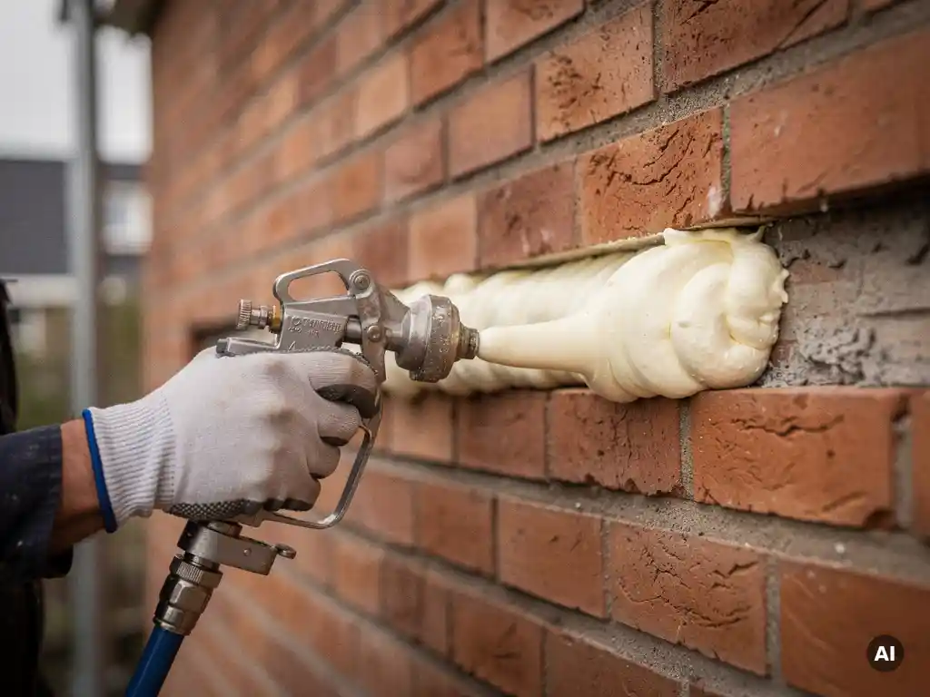 Vakman spuit PU-schuim in spouwmuur van Nederlandse bakstenen gevel, romig schuim zwelt zichtbaar op tijdens uitharding.
