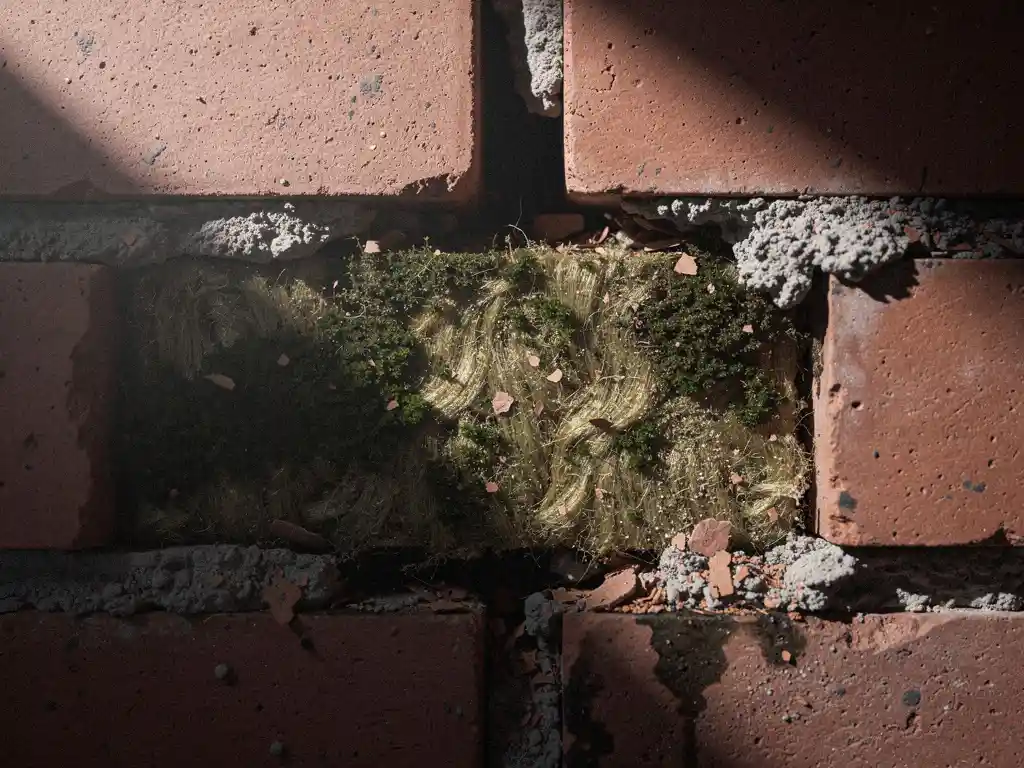 Doorsnede van een spouwmuur met donkergroen schimmel op vochtig isolatiemateriaal tussen twee baksteenlagen, met brokkelig voegwerk.