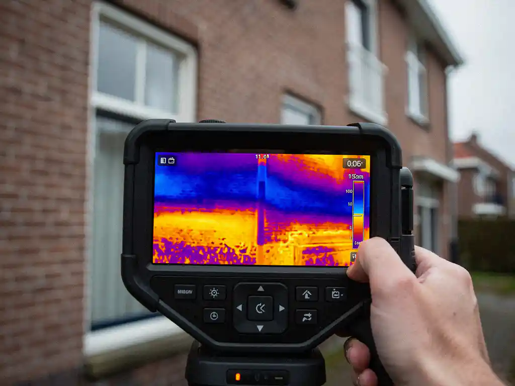 Thermische camera gericht op bakstenen spouwmuur van Nederlandse woning, warmtebeeld toont blauwe koude zones en oranje warmtelekken door ontbrekende isolatie.