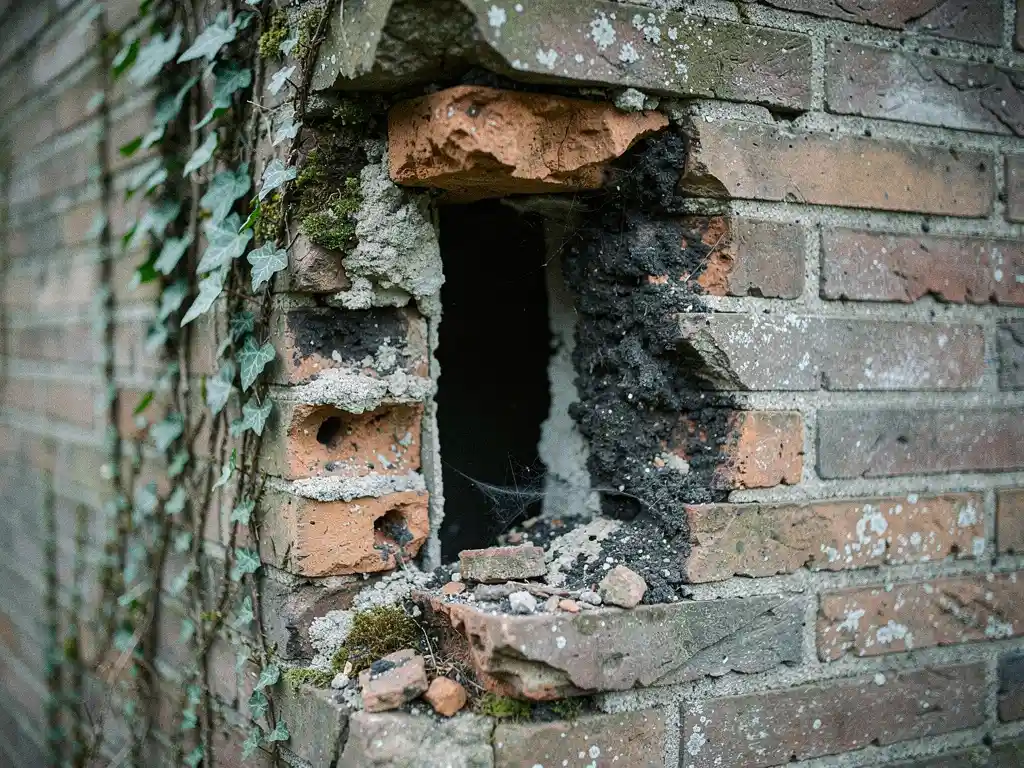 Verweerde spouwmuur van Nederlandse woning met afbrokkelend metselwerk, vochtige voegen en klimop, waardoor spouwmuurisolatie niet mogelijk is.