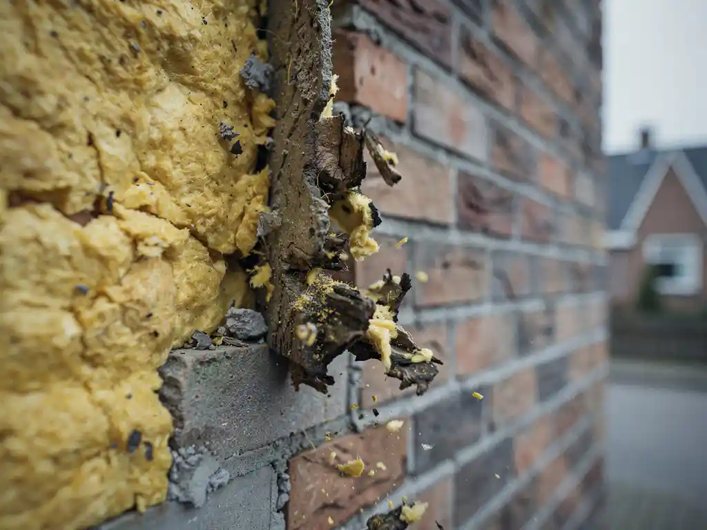 Doorsnede van spouwmuur met afgebrokkeld geel schuimisolatiemateriaal, blootgelegd baksteenmetselwerk op Nederlandse woning.