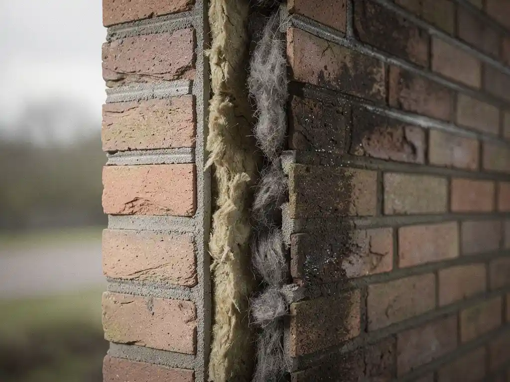 Doorsnede van een Nederlandse spouwmuur met droge bakstenen aan één kant en vochtige donkere plekken en condensatie aan de andere kant.