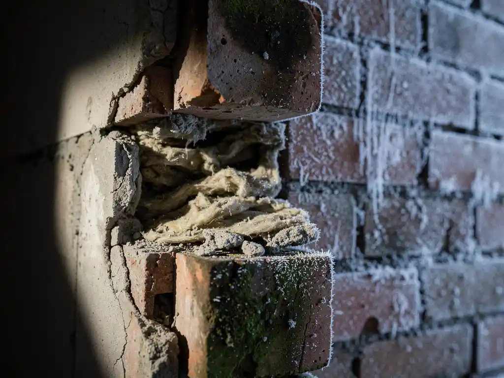 Doorsnede van een spouwmuur met aangetaste, vochtige isolatie, donkere vochtplekken en schimmel op verweerde bakstenen.