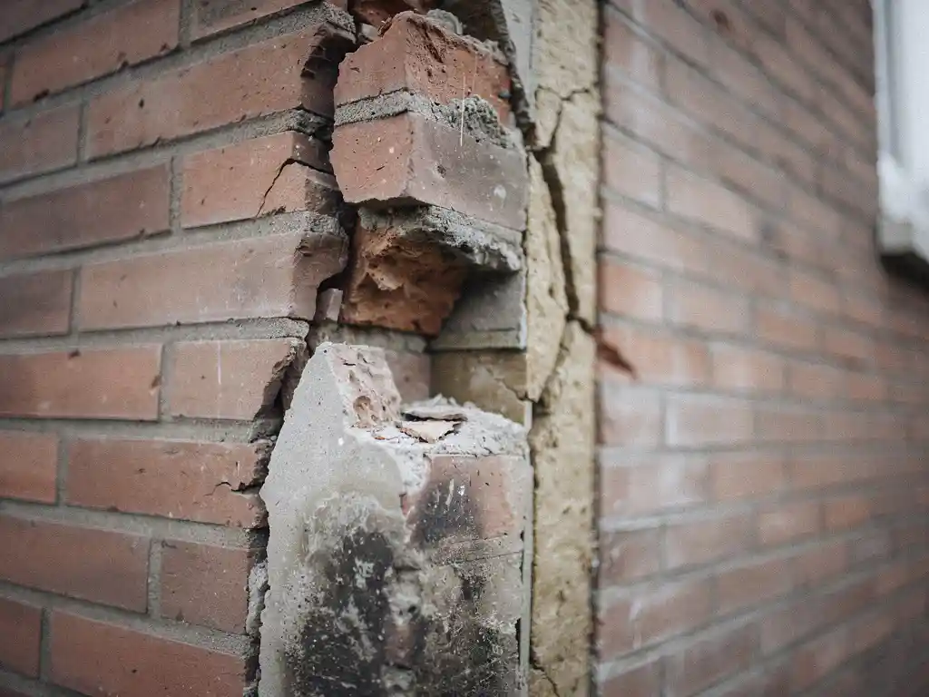 Beschadigde spouwmuur met scheuren en vochtplekken in het metselwerk van een Nederlandse woning.
