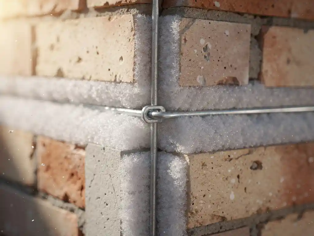 Spouwanker ingebed in baksteenmuur met grijs isolatieschuim in de spouw, close-up met scherp metaaldetail.