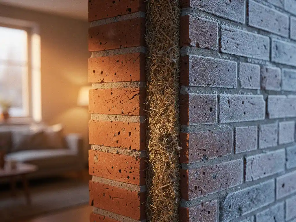 Doorsnede van Nederlandse spouwmuur met isolatiemateriaal tussen twee baksteenlagen, warme woonkamer zichtbaar door raam, bevroren gevel buiten.