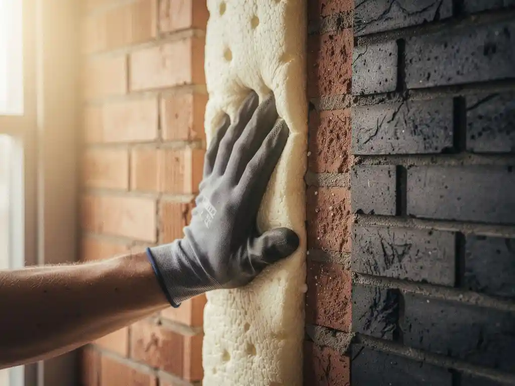 Gehandschoende hand die spouwmuurisolatie indrukt tussen twee bakstenen lagen van een Nederlandse spouwmuur, warm binnenverlichting zichtbaar.