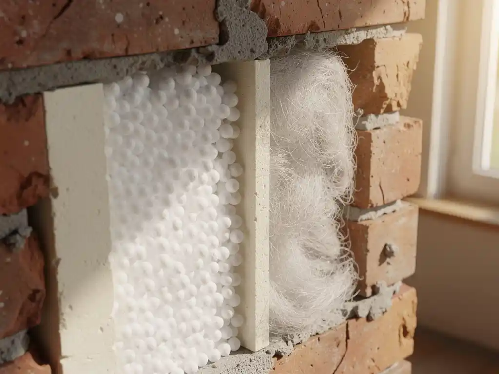 Doorsnede van een spouwmuur met losse EPS-parelschuim isolatie naast glaswol in de spouwruimte, terracottakleurige bakstenen op de achtergrond.