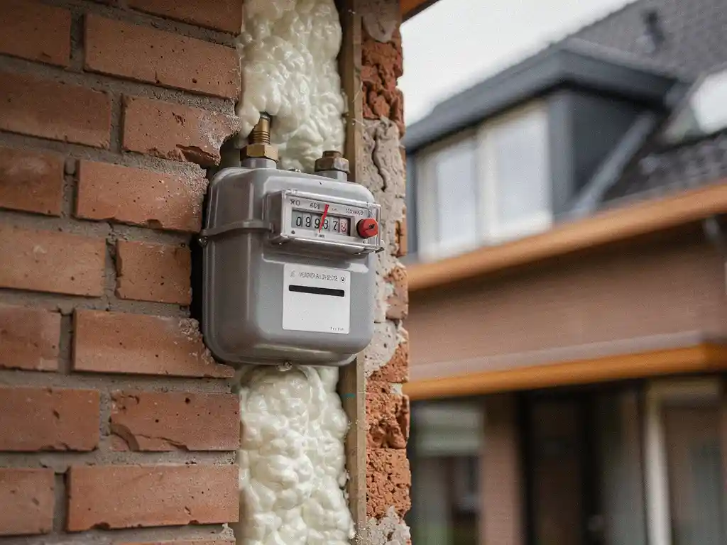 Gasmeter met dalende wijzer op bakstenen buitenmuur van Nederlandse woning met vers geïnjecteerd spouwmuurisolatieschuim.